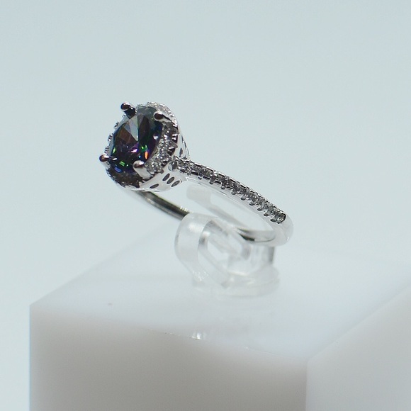 .925 Sterling Silver Rainbow Topaz Halo CZ Ring - Picture 4 of 6